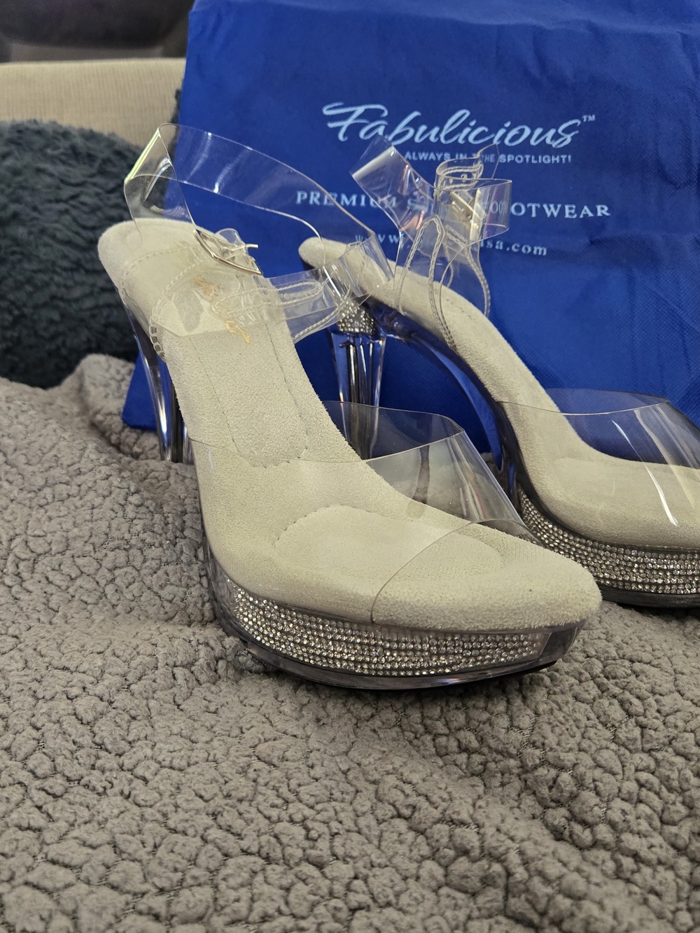 Fabulicious Clear Strap Platform Heels in Ivory with Rhinestone Trim
